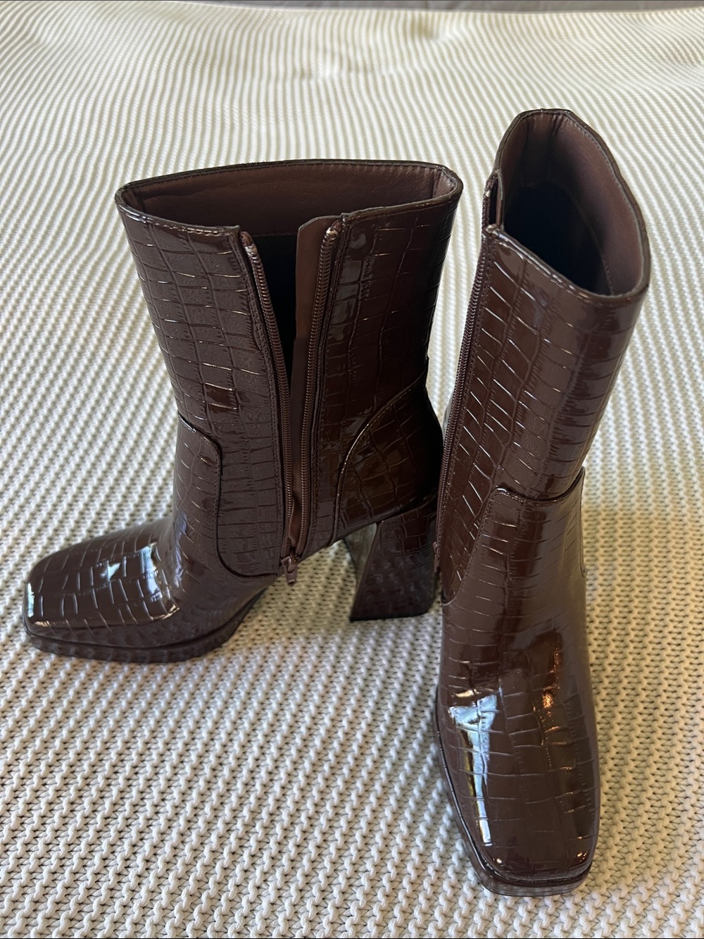Brown Croc-Embossed Block Heel Mid-Calf Boots - Never Used